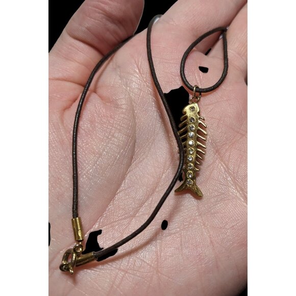 Glam Goth Fishbone Gold Sterling Pendant Necklace - Picture 8 of 10